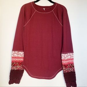Free People Burgundy Long Sleeve Thermal Top with Patterned Crochet Cuffs